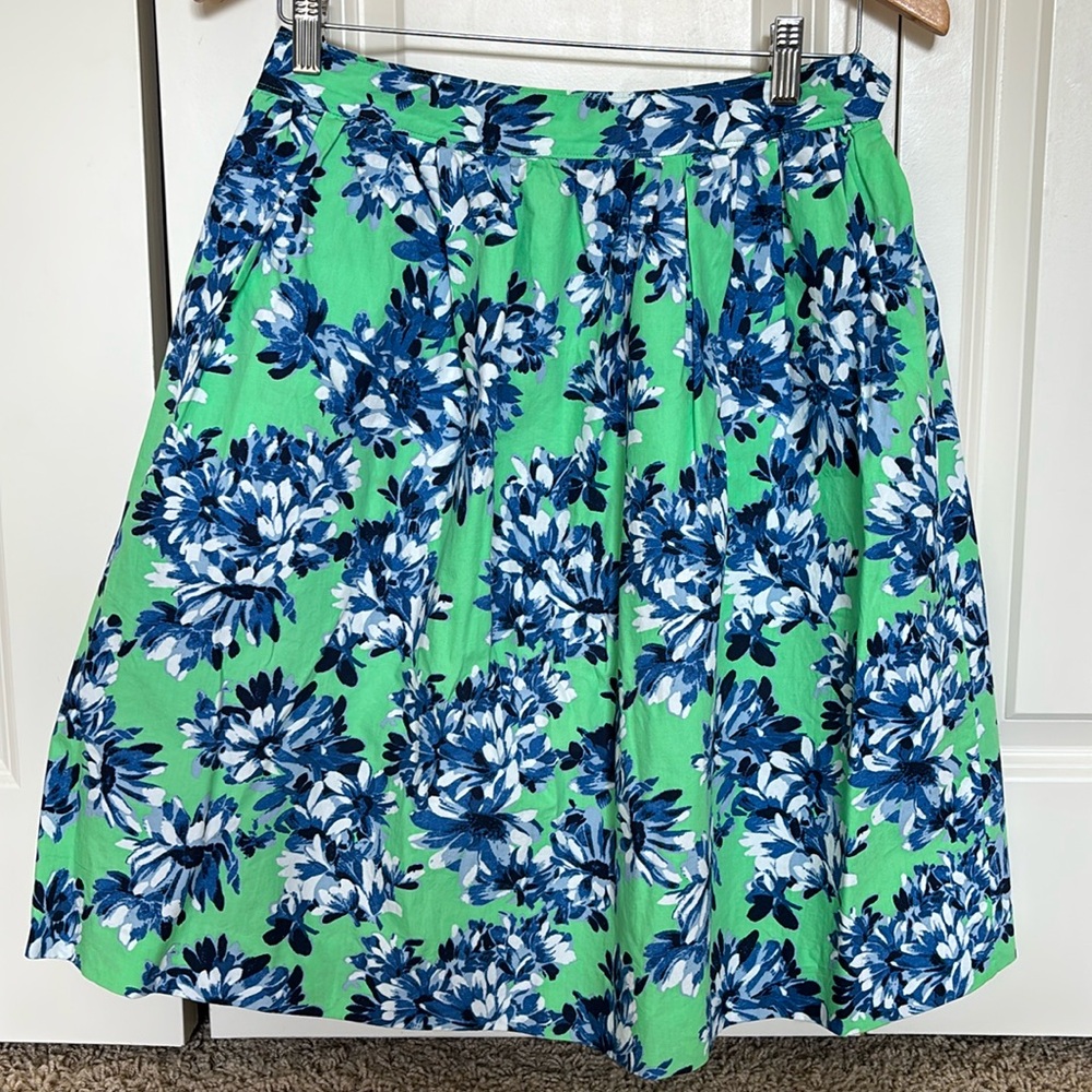 J. Crew Green A-Line Skirt with Blue & White Floral Print